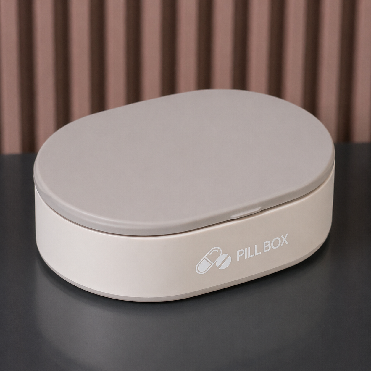 Pill Box — soft pink lid + warm mustard/tan body