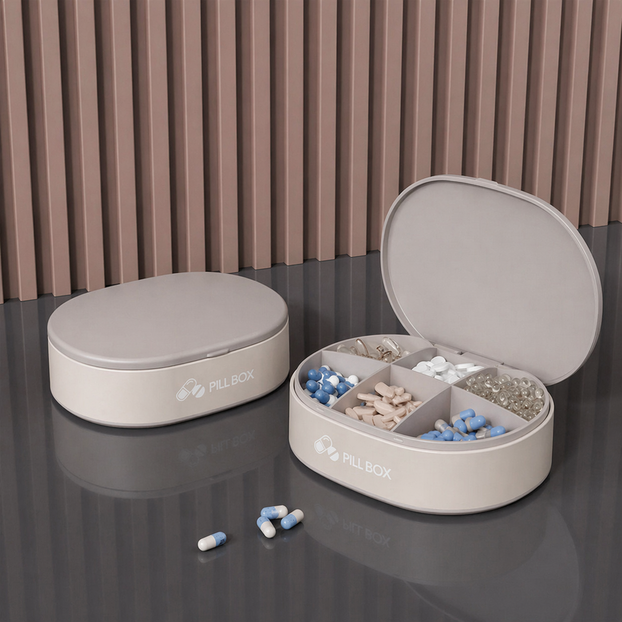 Pill Box — soft pink lid + warm mustard/tan body