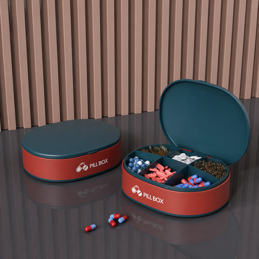 Pill Box — dark teal lid + red-orange body