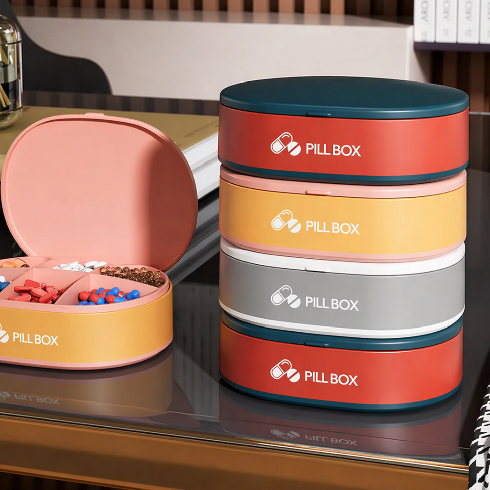 Pill Box — soft pink lid + warm mustard/tan body