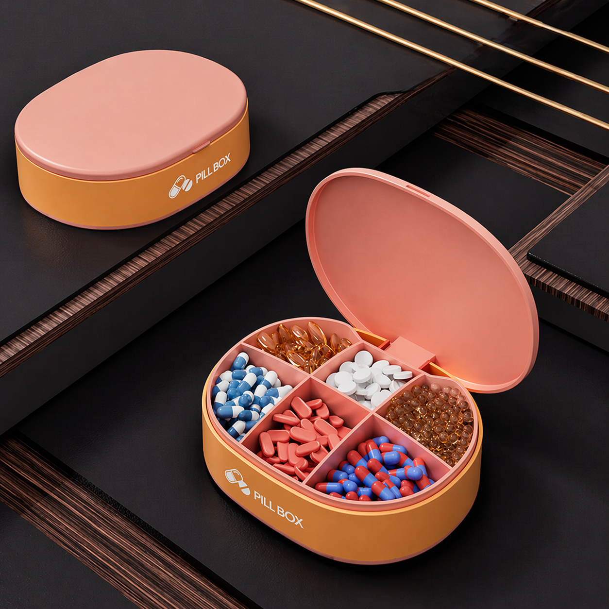 Pill Box — soft pink lid + warm mustard/tan body